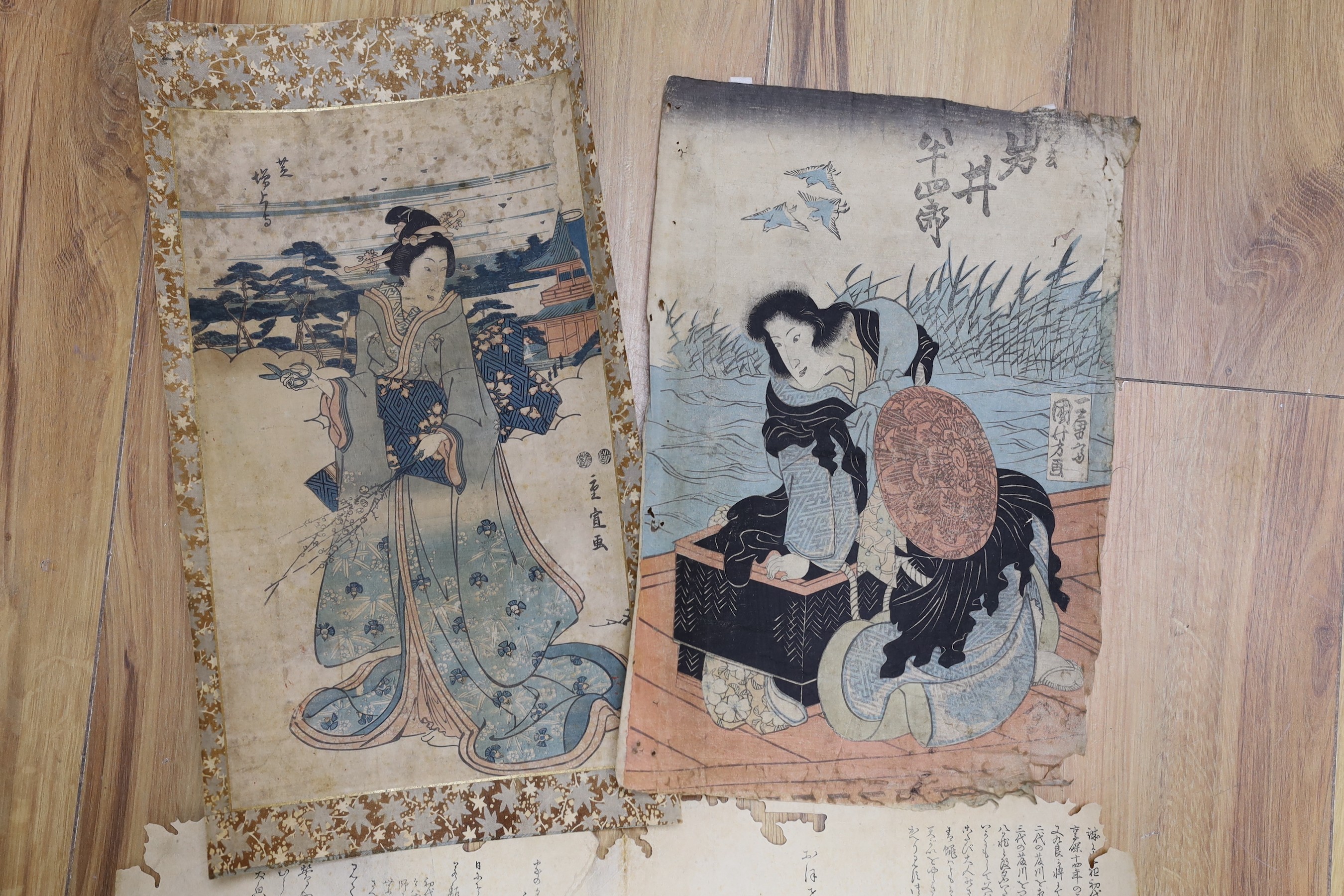 Four Japanese woodblock prints, largest 52cms wide x 39cms high